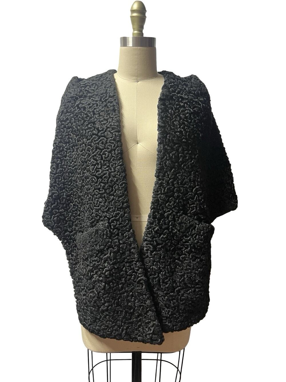 Vintage 50s Curly Persian Lambswool Wrap Stole Capelet w/ front Pockets